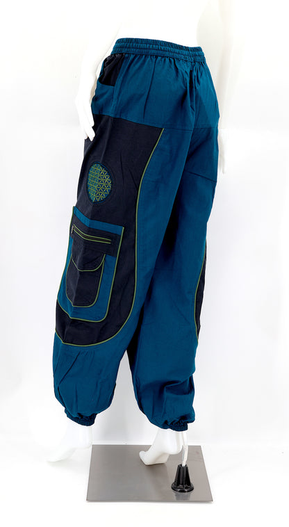 Back view of teal blue Nepalese cotton harem pants with elastic waistband