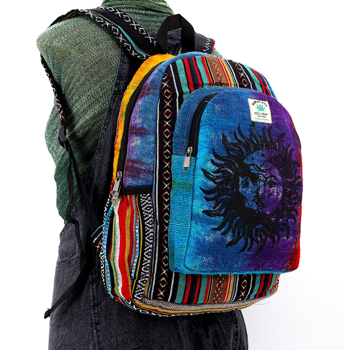 Hemp Sun and Moon Print Handmade Large Backpack