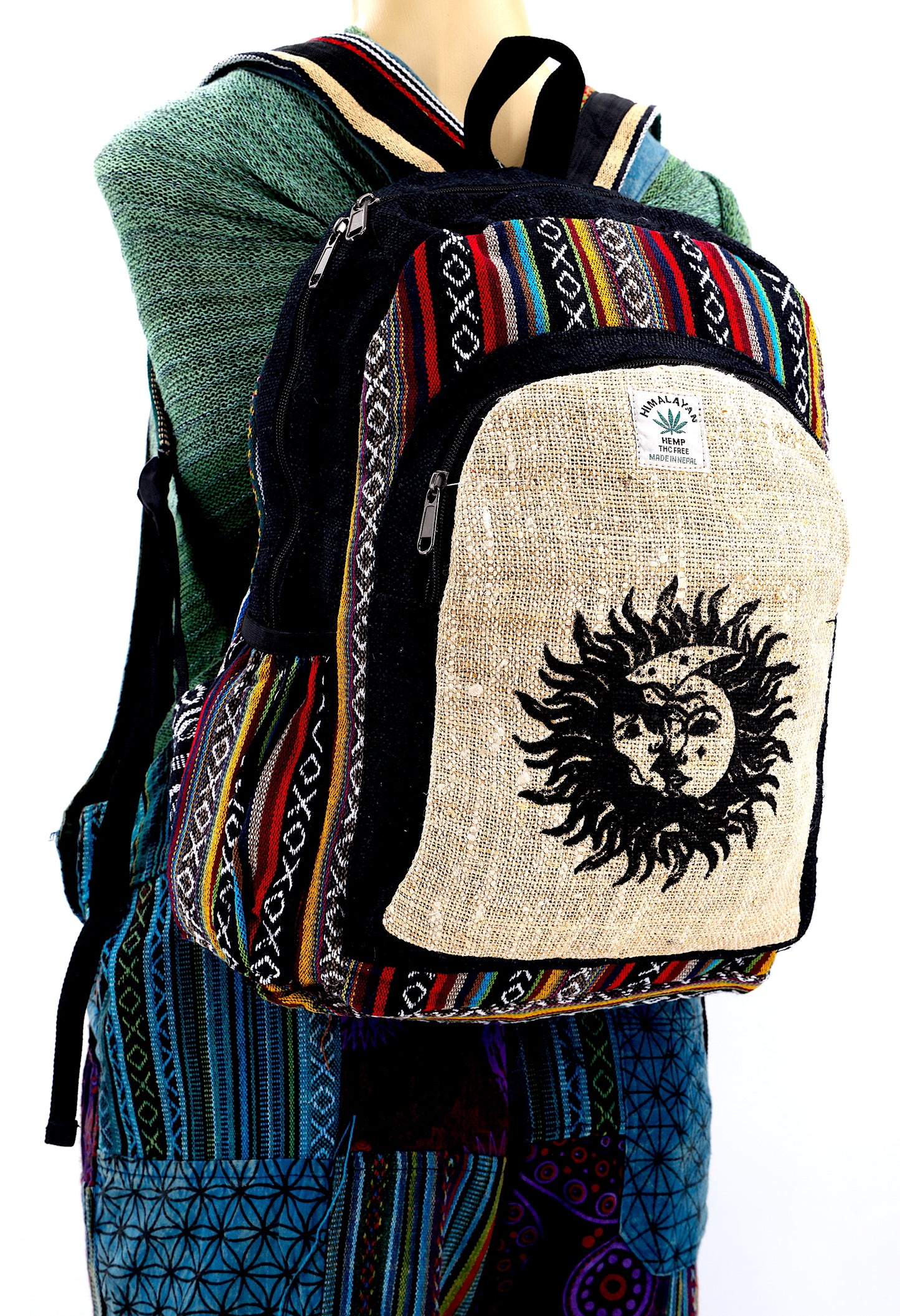 Hemp Sun and Moon Print Handmade Large Backpack