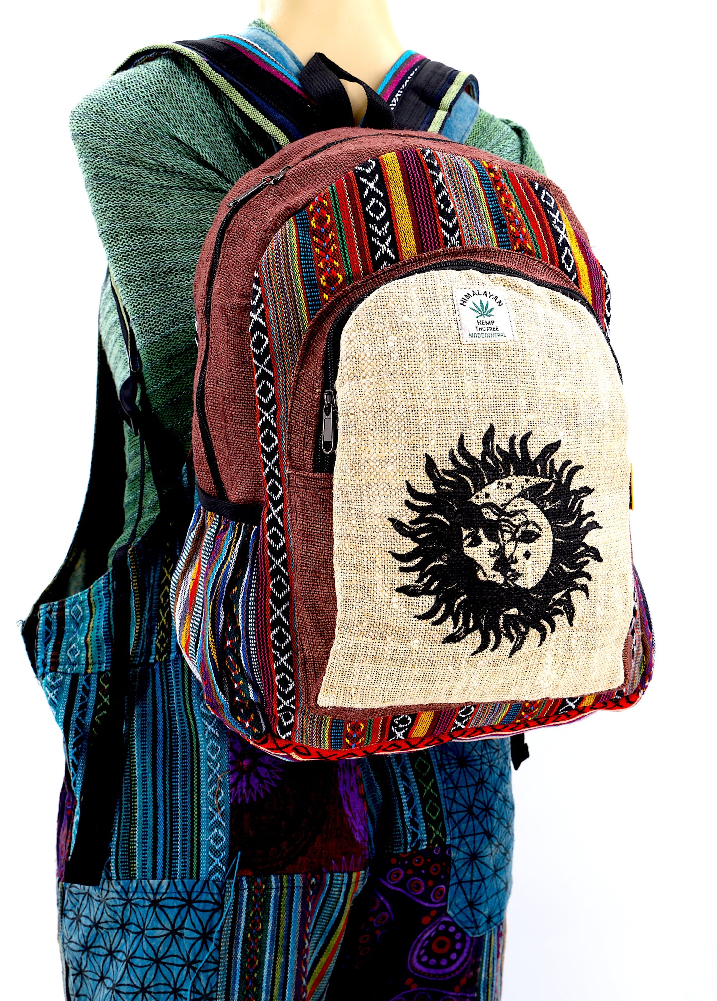 Hemp Sun and Moon Print Handmade Large Backpack