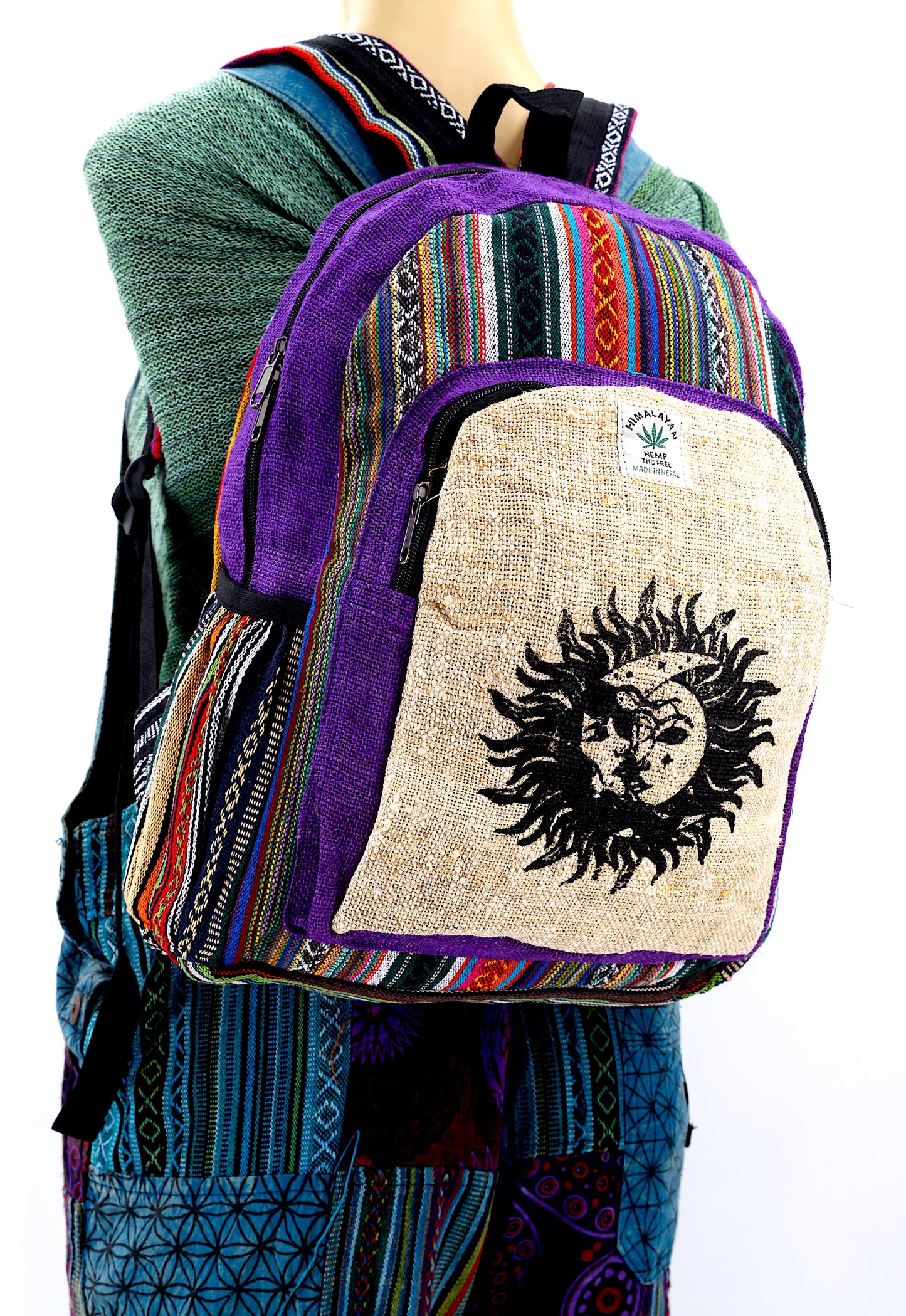 Hemp Sun and Moon Print Handmade Large Backpack