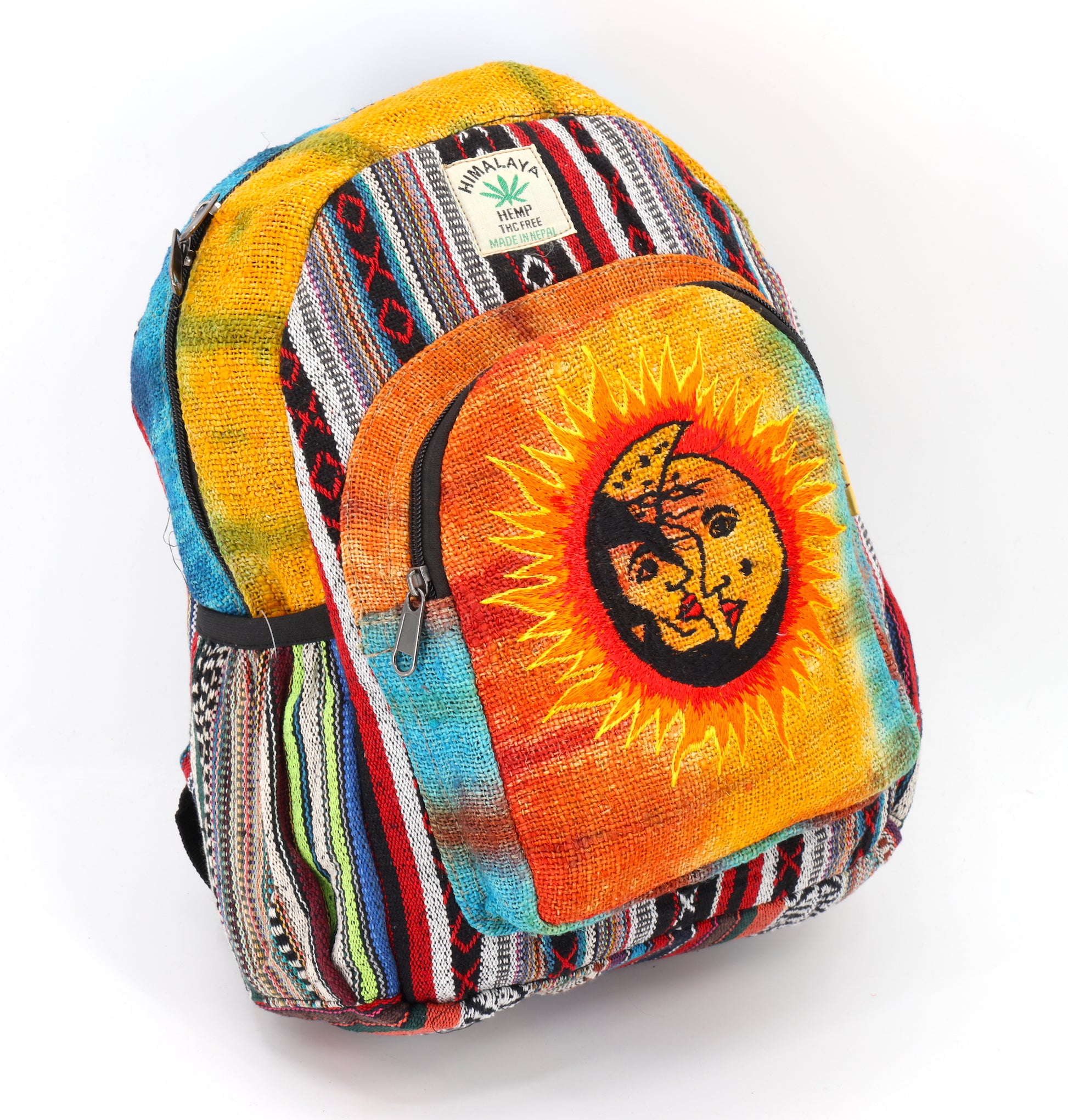 Himalaya Handmade Unique Design Sun and Moon Embroidered Himalaya Hemp Hippie Backpack Festival Backpack Hiking Backpack FAIR TRADE Handmade with Love