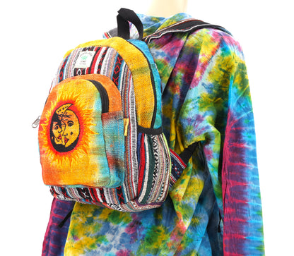 Sun & Moon Hemp Mini Backpack | Hand Embroidered Tie Dye Bag