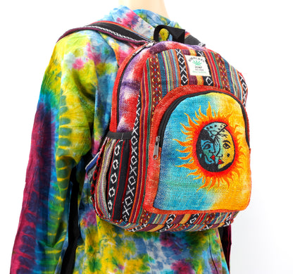 Sun & Moon Hemp Mini Backpack | Hand Embroidered Tie Dye Bag