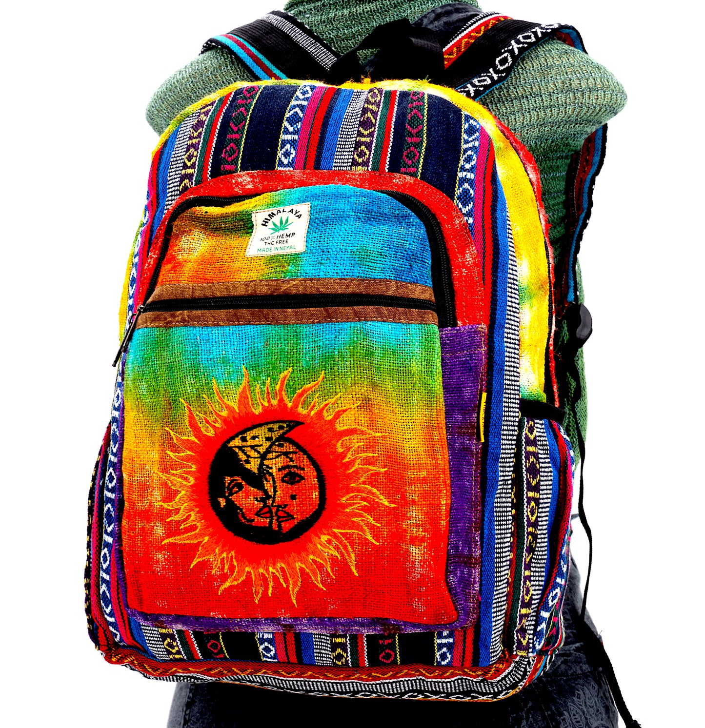 Hemp Sun and Moon Hand Embroidered Tie Dye Large Backpack