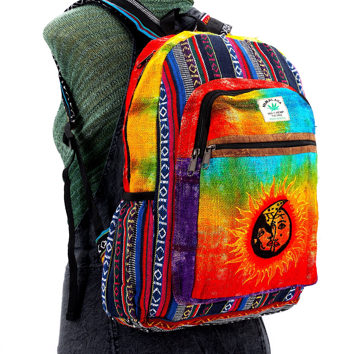 Hemp Sun and Moon Hand Embroidered Tie Dye Large Backpack