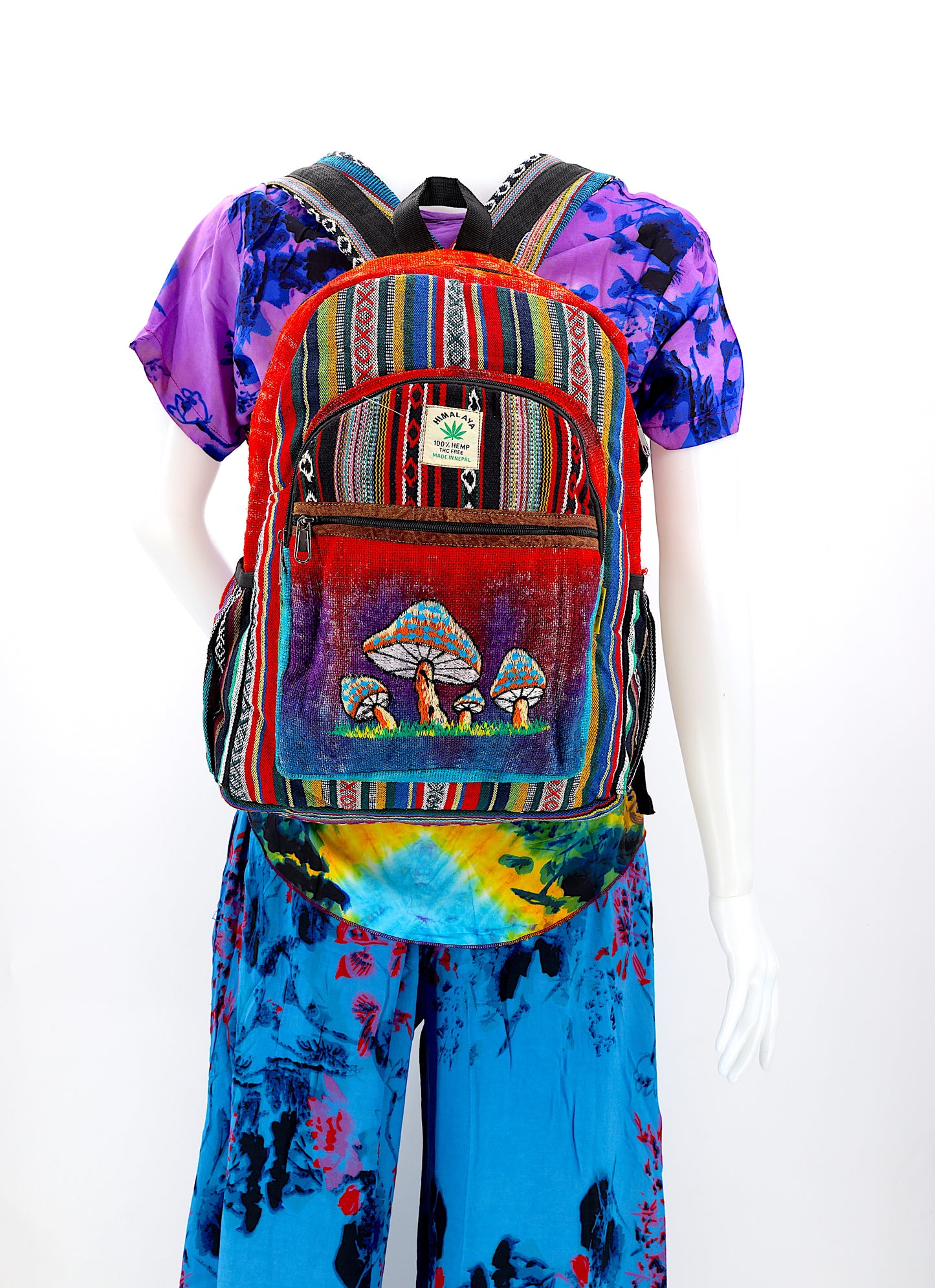 Hemp Mushroom Hand Embroidered Tie Dye Large Backpack