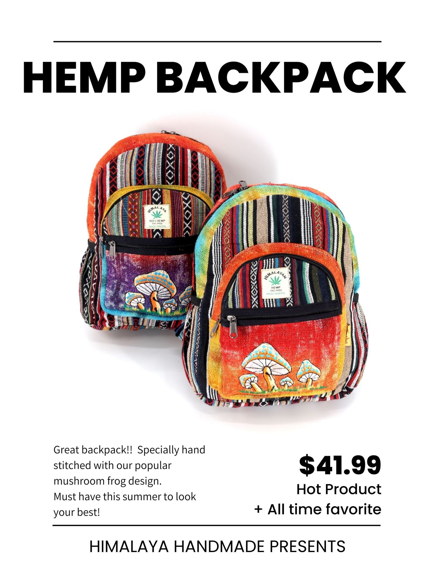 Hemp Mushroom Hand Embroidered Tie Dye Mini Backpack