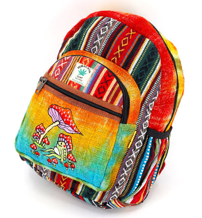 Frog & Mushroom Hemp Mini Backpack | Tie Dye Hand Embroidered Bag