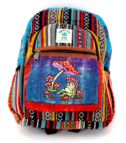 Frog & Mushroom Hemp Mini Backpack | Tie Dye Hand Embroidered Bag