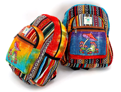 Frog & Mushroom Hemp Mini Backpack | Tie Dye Hand Embroidered Bag