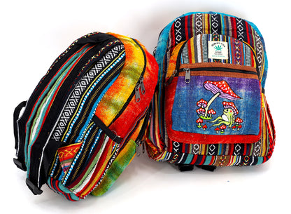 Frog & Mushroom Hemp Mini Backpack | Tie Dye Hand Embroidered Bag
