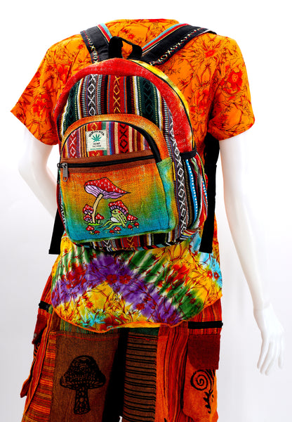 Frog & Mushroom Hemp Mini Backpack | Tie Dye Hand Embroidered Bag