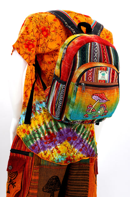 Frog & Mushroom Hemp Mini Backpack | Tie Dye Hand Embroidered Bag