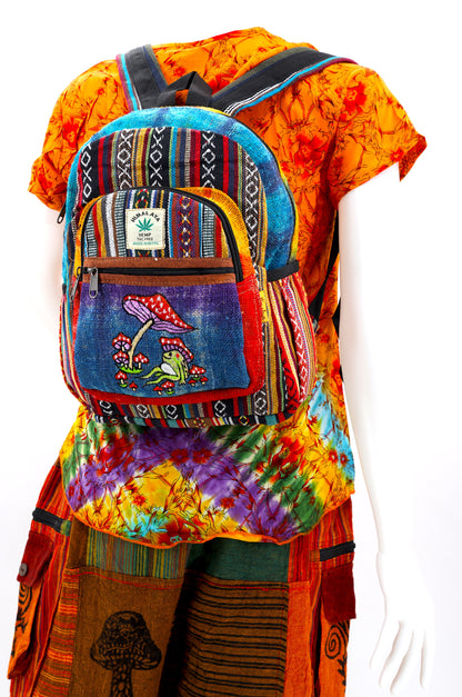 Frog & Mushroom Hemp Mini Backpack | Tie Dye Hand Embroidered Bag