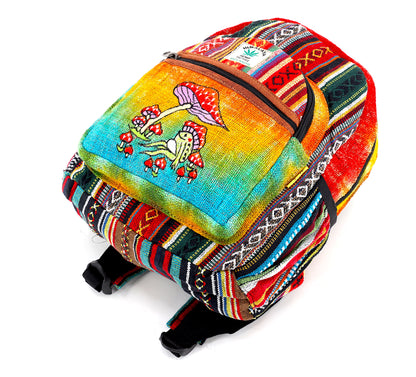 Frog & Mushroom Hemp Mini Backpack | Tie Dye Hand Embroidered Bag