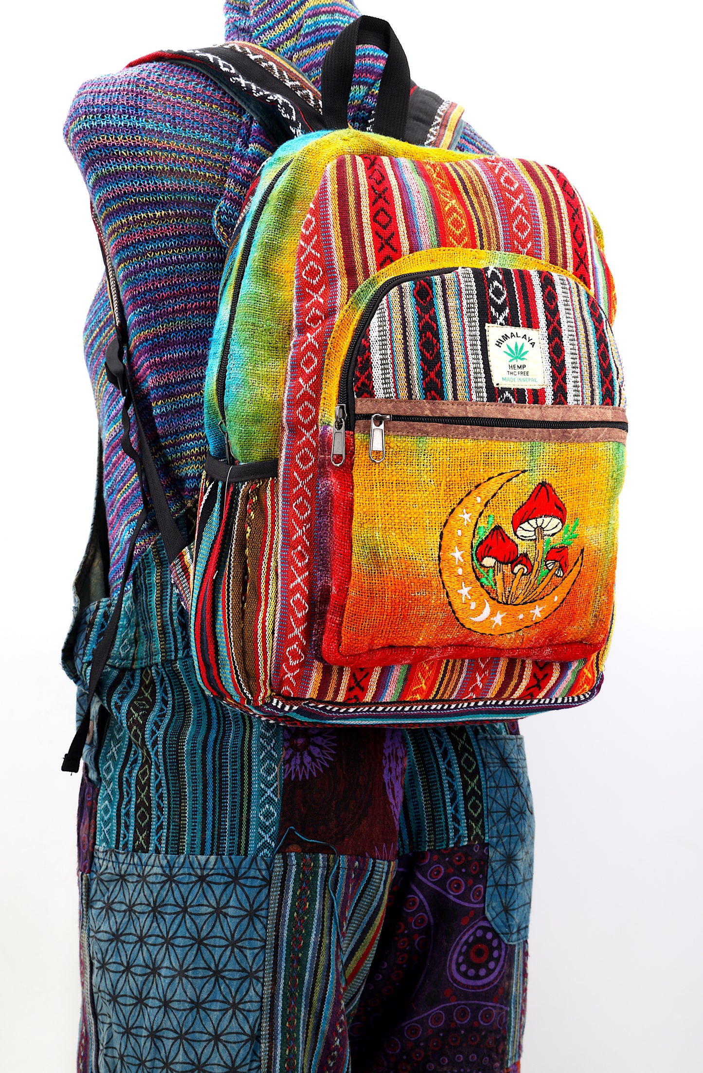 Hemp Moon Mushroom Hand Embroidered Tie Dye Large Backpack