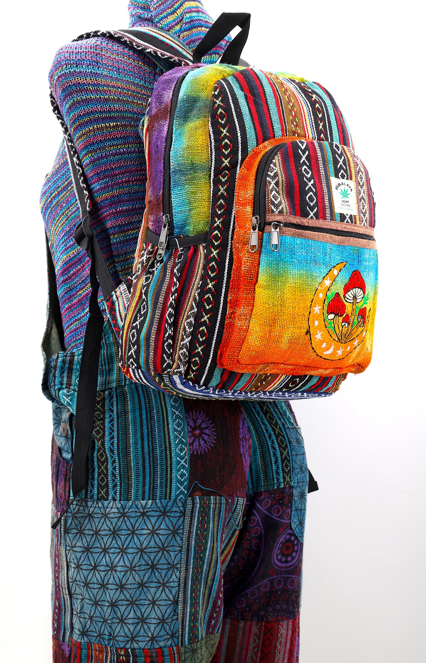 Hemp Moon Mushroom Hand Embroidered Tie Dye Large Backpack