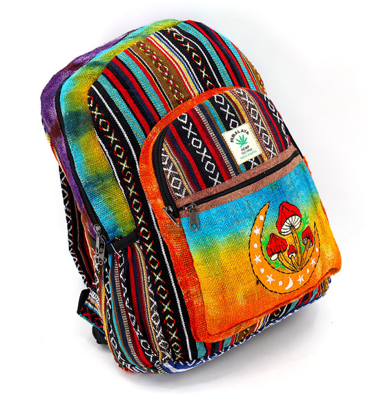 Hemp Moon Mushroom Hand Embroidered Tie Dye Large Backpack