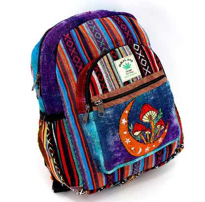 Moon & Mushroom Hemp Mini Backpack | Hand Embroidered Tie Dye Bag