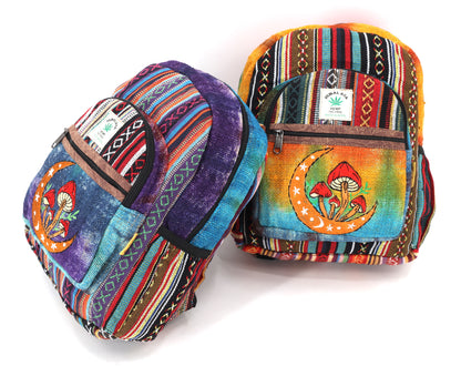 Moon & Mushroom Hemp Mini Backpack | Hand Embroidered Tie Dye Bag