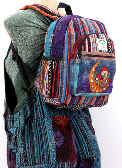 Moon & Mushroom Hemp Mini Backpack | Hand Embroidered Tie Dye Bag