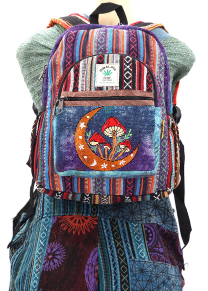 Moon & Mushroom Hemp Mini Backpack | Hand Embroidered Tie Dye Bag