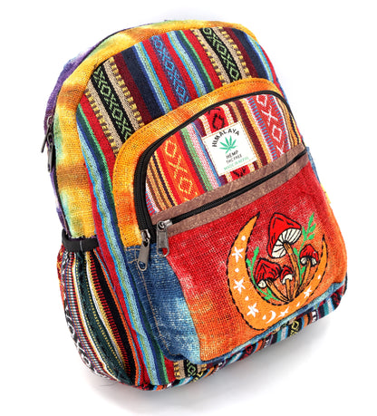 Moon & Mushroom Hemp Mini Backpack | Hand Embroidered Tie Dye Bag