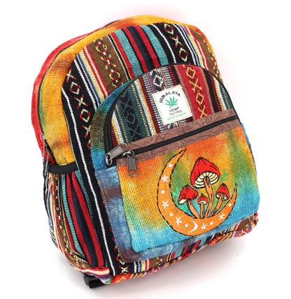 Moon & Mushroom Hemp Mini Backpack | Hand Embroidered Tie Dye Bag