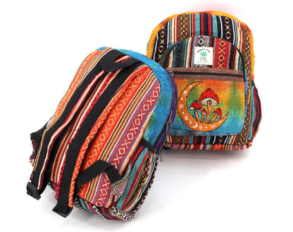 Moon & Mushroom Hemp Mini Backpack | Hand Embroidered Tie Dye Bag
