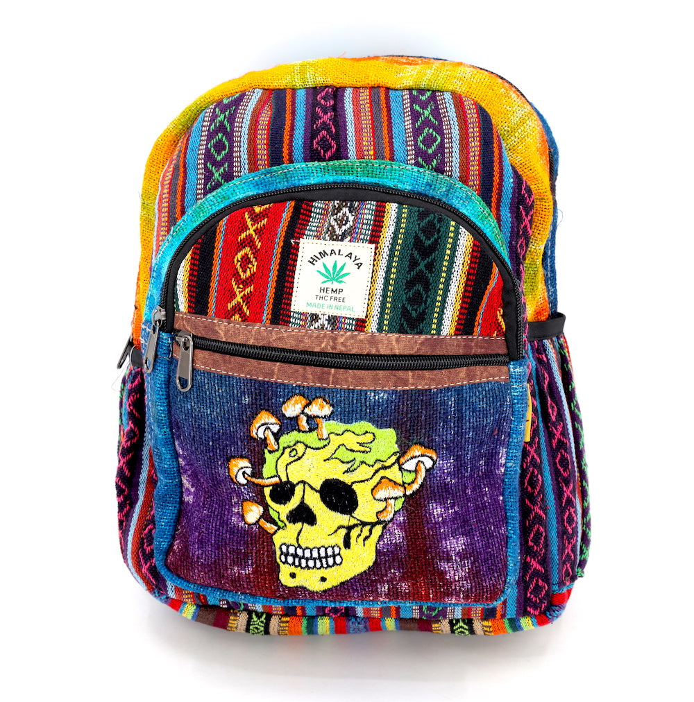 Hemp Skull Mushroom Hand Embroidered Tie Dye Mini Backpack