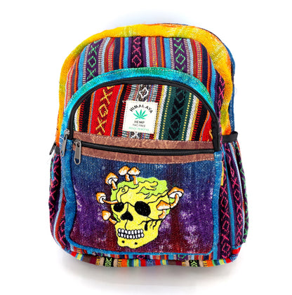 Skull & Mushroom Hemp Mini Backpack | Tie Dye Hand Embroidered Bag