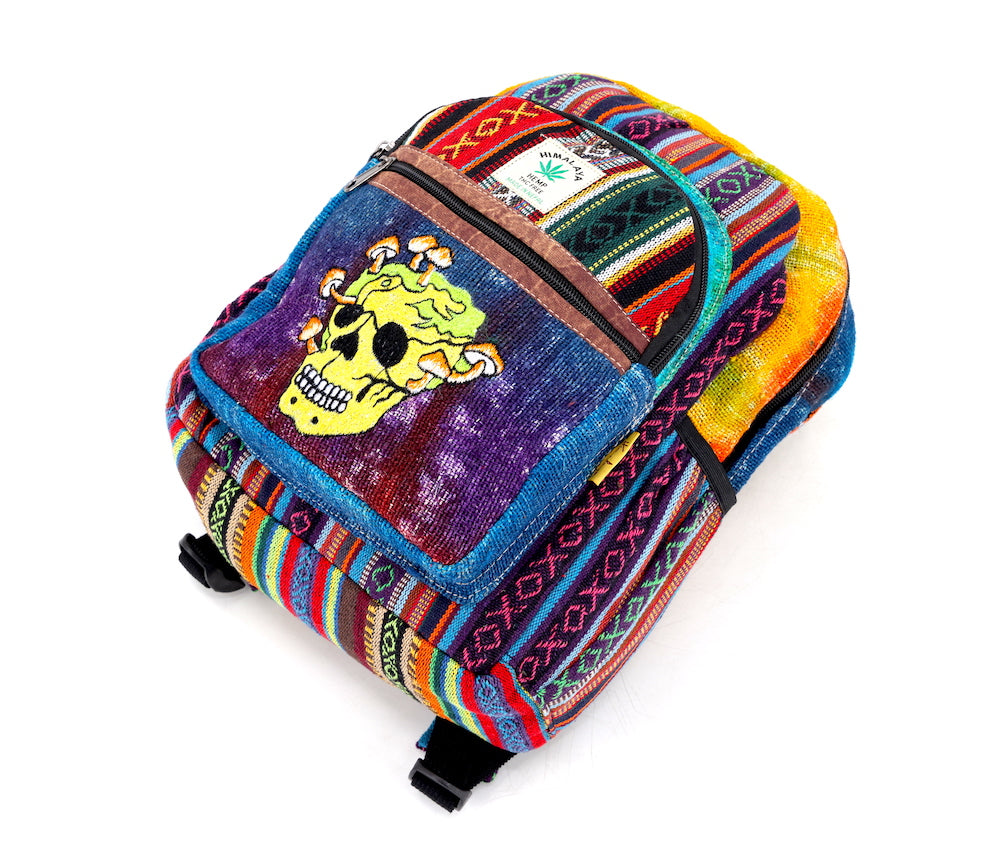 Hemp Skull Mushroom Hand Embroidered Tie Dye Mini Backpack