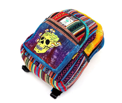Skull & Mushroom Hemp Mini Backpack | Tie Dye Hand Embroidered Bag