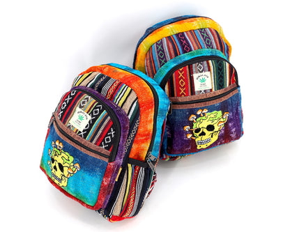 Skull & Mushroom Hemp Mini Backpack | Tie Dye Hand Embroidered Bag
