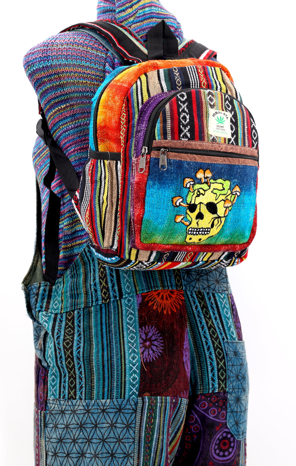 Hemp Skull Mushroom Hand Embroidered Tie Dye Mini Backpack