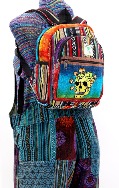 Skull & Mushroom Hemp Mini Backpack | Tie Dye Hand Embroidered Bag