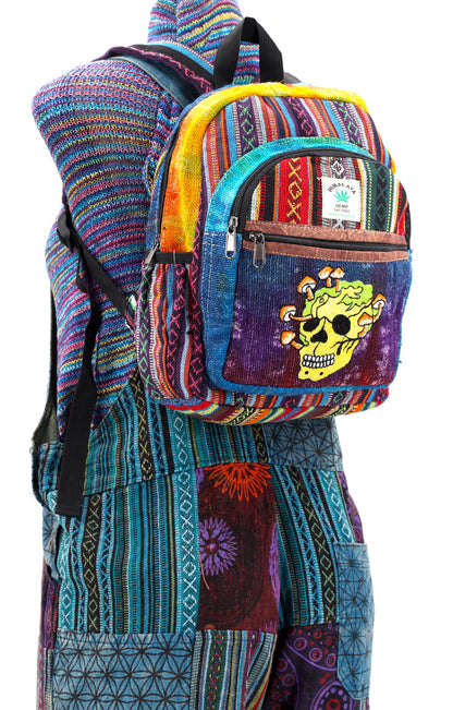 Skull & Mushroom Hemp Mini Backpack | Tie Dye Hand Embroidered Bag