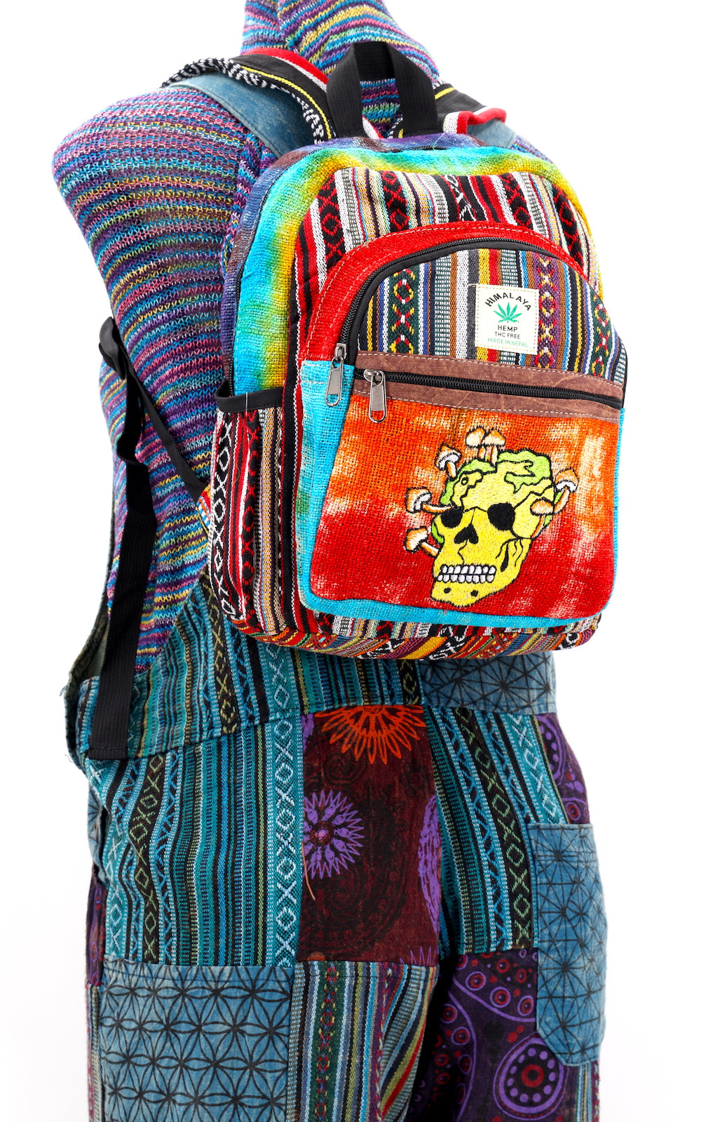 Hemp Skull Mushroom Hand Embroidered Tie Dye Mini Backpack