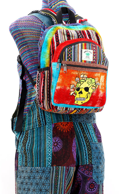 Skull & Mushroom Hemp Mini Backpack | Tie Dye Hand Embroidered Bag
