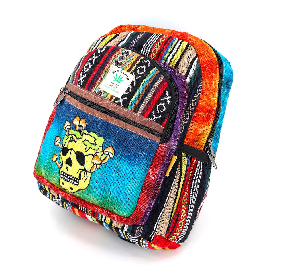 Hemp Skull Mushroom Hand Embroidered Tie Dye Mini Backpack