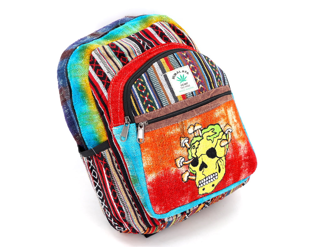 Hemp Skull Mushroom Hand Embroidered Tie Dye Mini Backpack