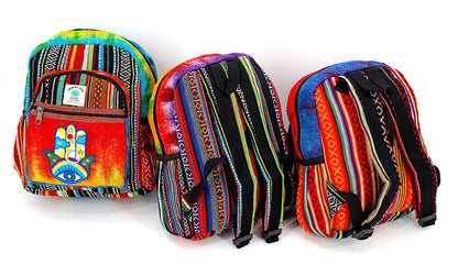 Hamsa Hand Hemp Mini Backpack | Hand Embroidered Tie Dye Bag