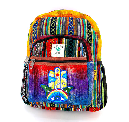 Hamsa Hand Hemp Mini Backpack | Hand Embroidered Tie Dye Bag