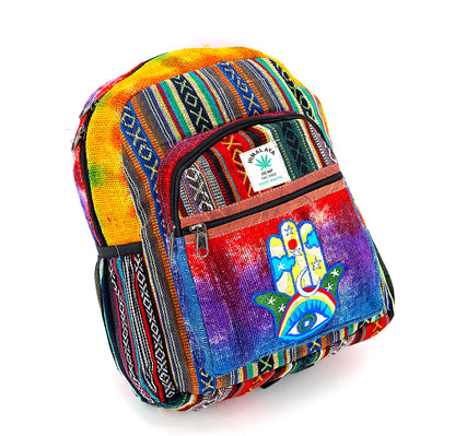 Hamsa Hand Hemp Mini Backpack | Hand Embroidered Tie Dye Bag