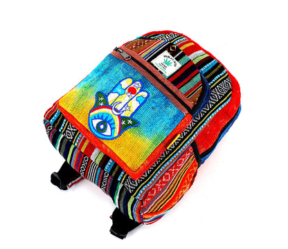 Hamsa Hand Hemp Mini Backpack | Hand Embroidered Tie Dye Bag