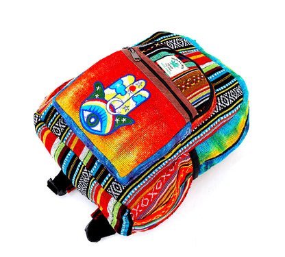 Hamsa Hand Hemp Mini Backpack | Hand Embroidered Tie Dye Bag