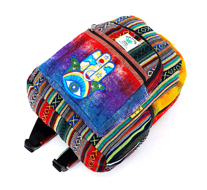 Hamsa Hand Hemp Mini Backpack | Hand Embroidered Tie Dye Bag