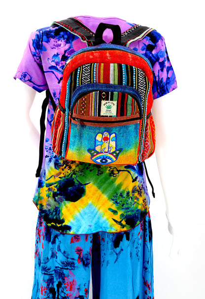Hamsa Hand Hemp Mini Backpack | Hand Embroidered Tie Dye Bag