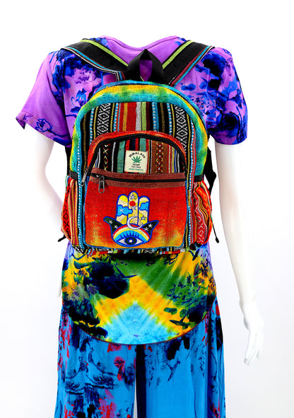 Hamsa Hand Hemp Mini Backpack | Hand Embroidered Tie Dye Bag